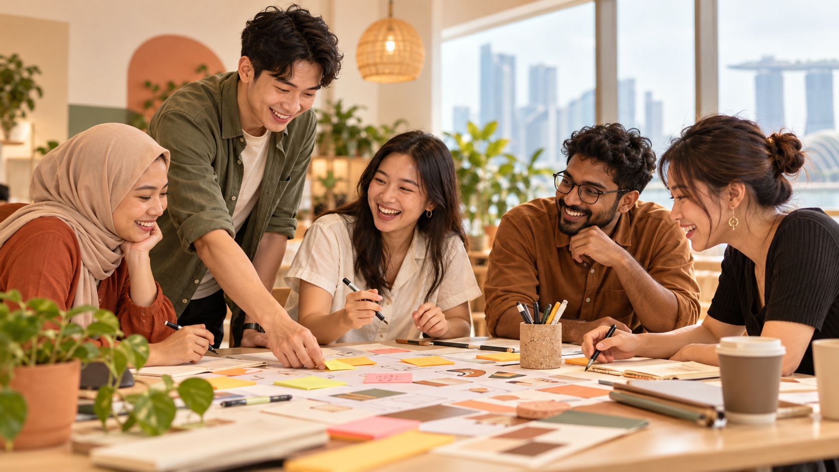 A group sharing ideas around a table during a workshop